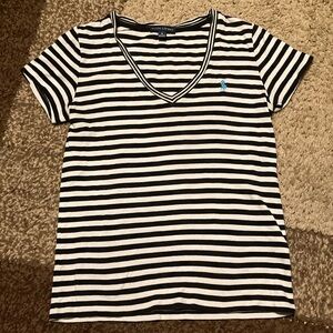Ralph Lauren black and white striped tee with blue logo.